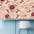 Blush Hummingbird & Peony Peel and Stick Wallpaper – Romantic Floral & Cottagecore Decor