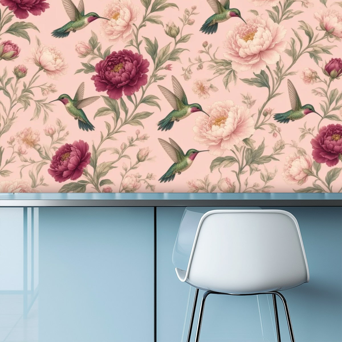 Blush Hummingbird & Peony Peel and Stick Wallpaper – Romantic Floral & Cottagecore Decor
