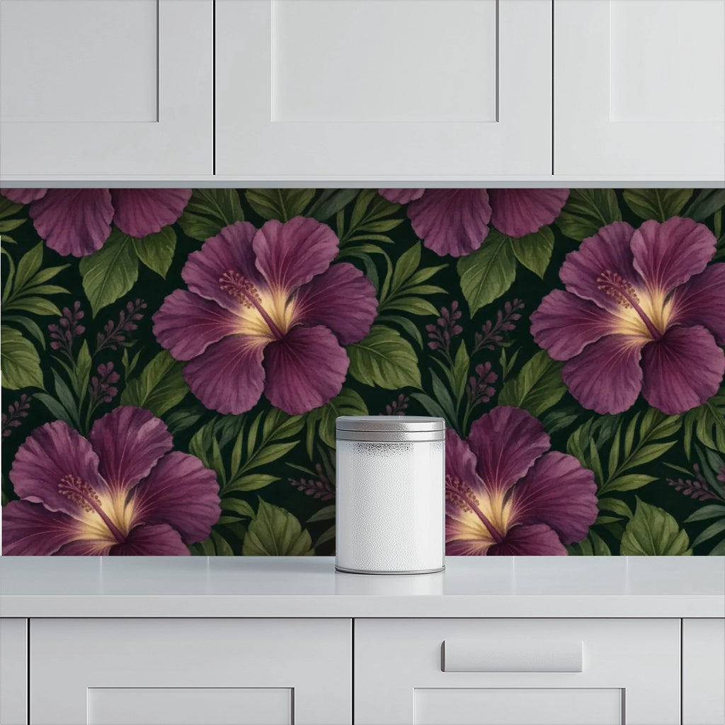 Dark Plum Hibiscus Tropical Peel and Stick Wallpaper