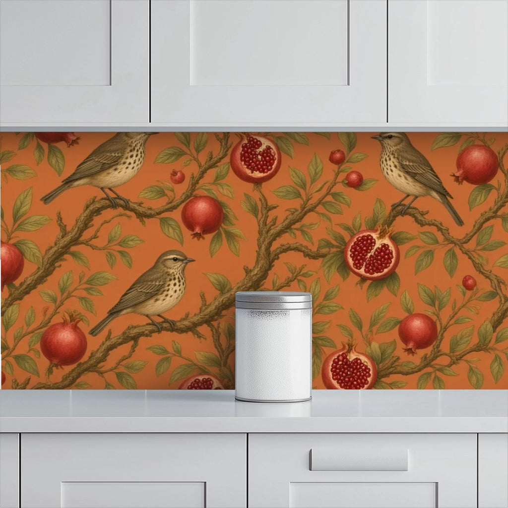 Pomegranate & Birds Peel and Stick Wallpaper – Terracotta Botanical & Heritage Decor