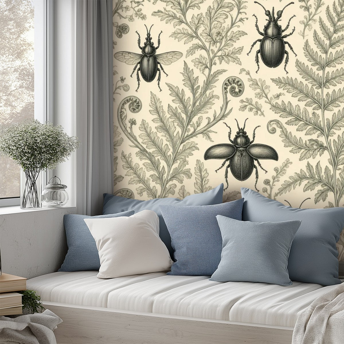Victorian Beetle Botanical Peel and Stick Wallpaper – Maximalist Heritage & Dark Academia Decor