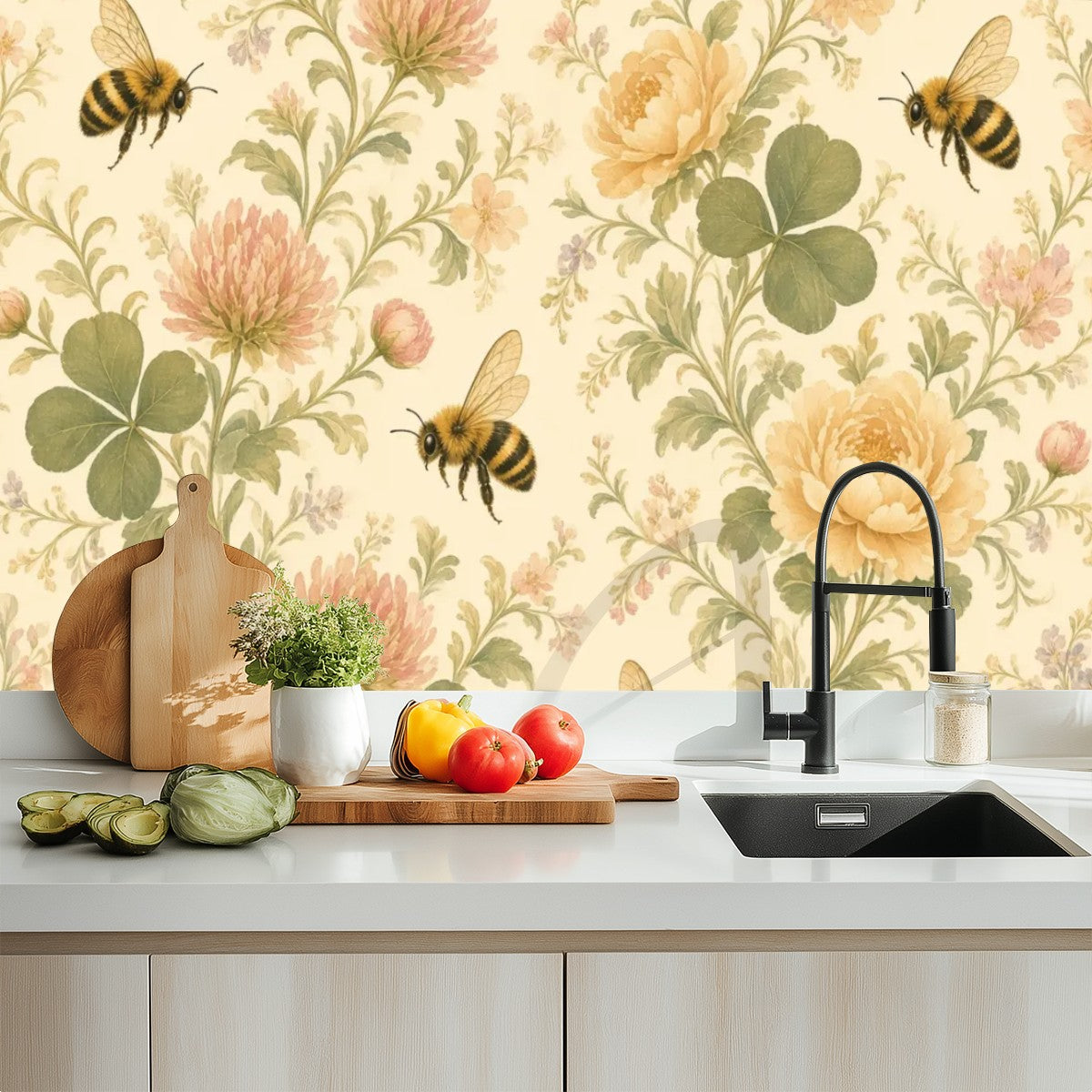 Honey Bee Botanical Peel and Stick Wallpaper – Soft Watercolour Floral & Warm Cottage Decor