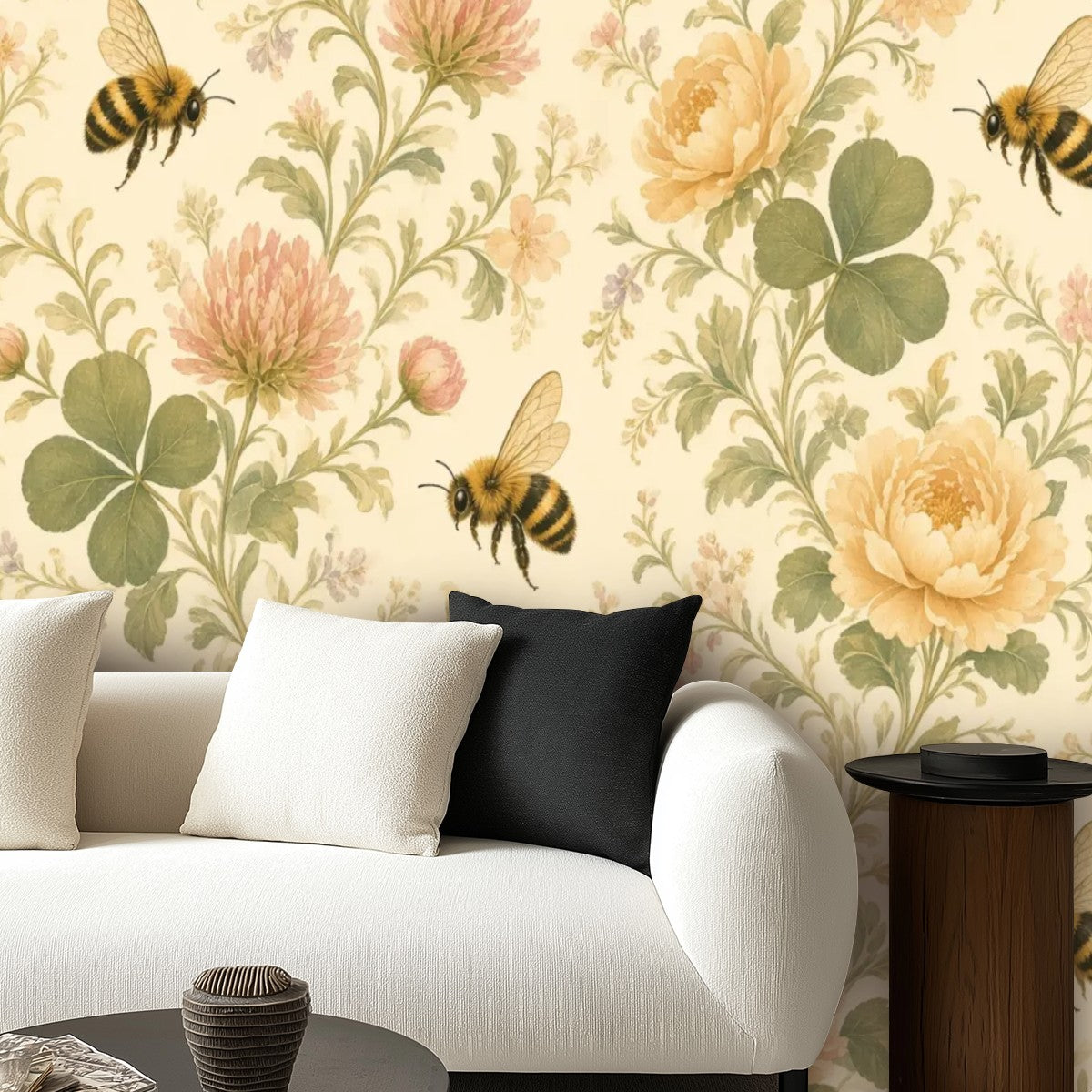 Honey Bee Botanical Peel and Stick Wallpaper – Soft Watercolour Floral & Warm Cottage Decor
