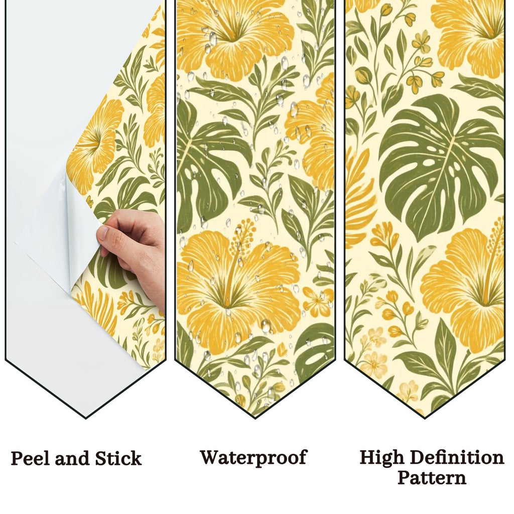 Golden Hibiscus and Monstera Peel and Stick Wallpaper