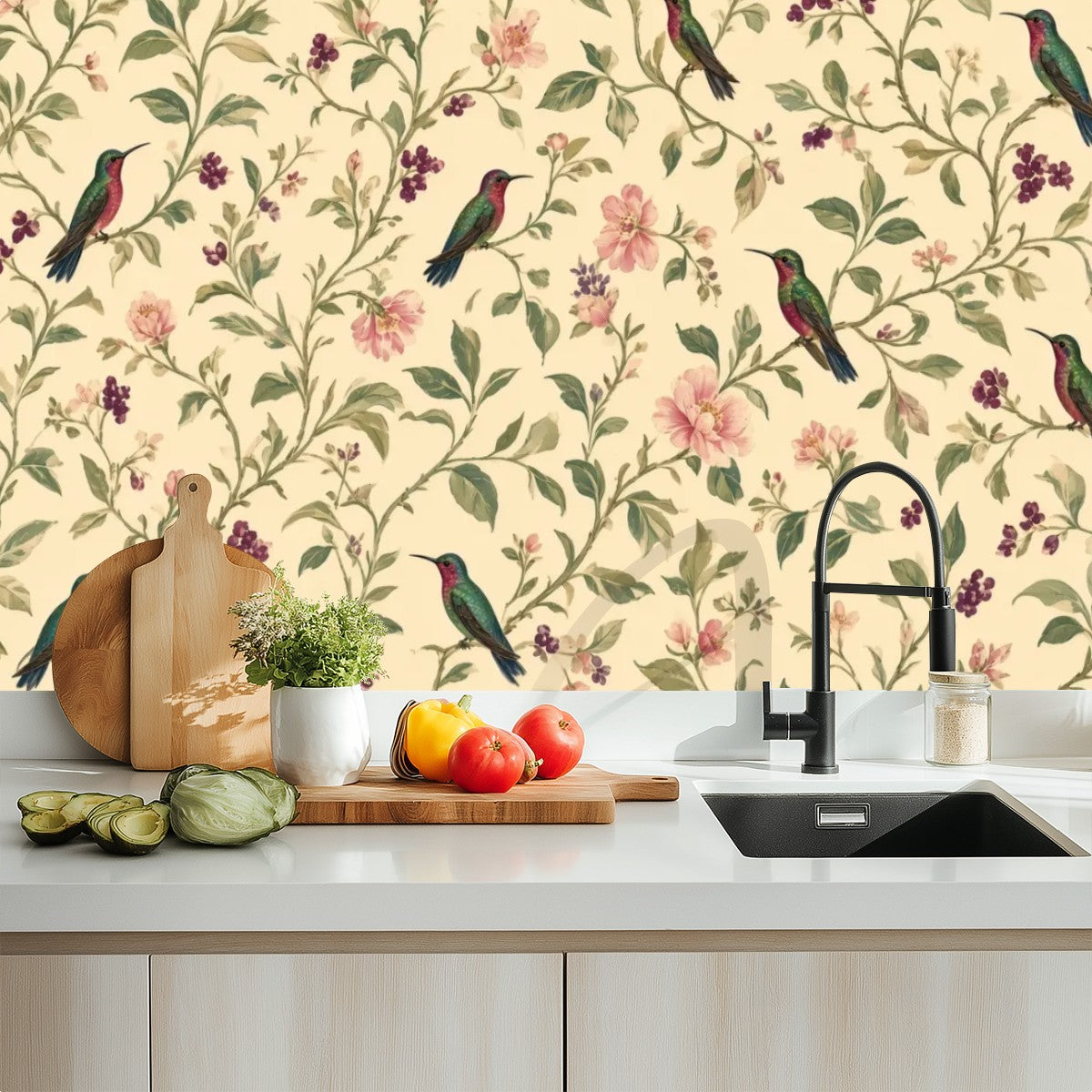 Garden Birds & Roses Peel and Stick Wallpaper – Romantic Botanical & Cottagecore Decor