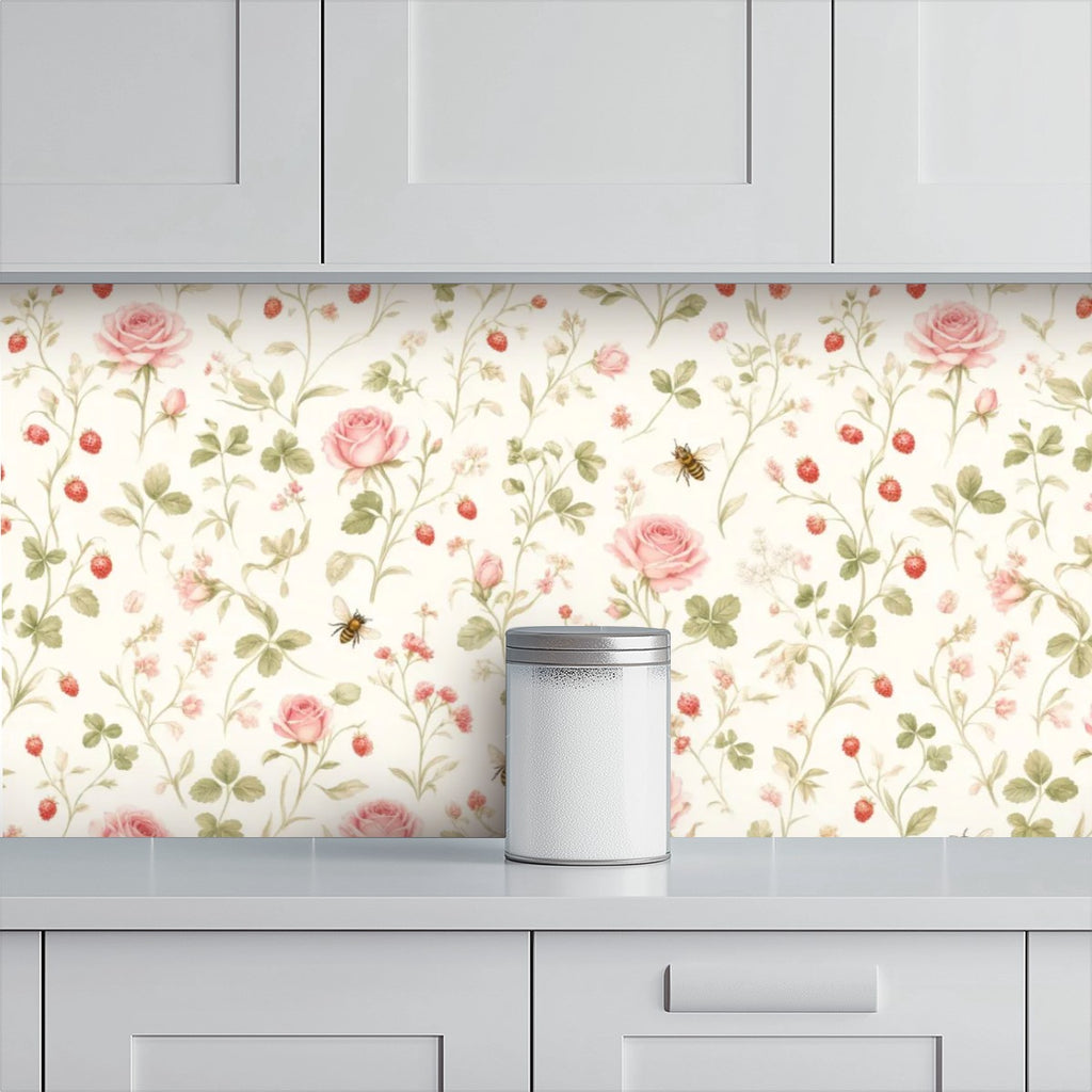Pink Rose Garden Peel and Stick Wallpaper – Floral Nursery & Cottagecore Kids Room