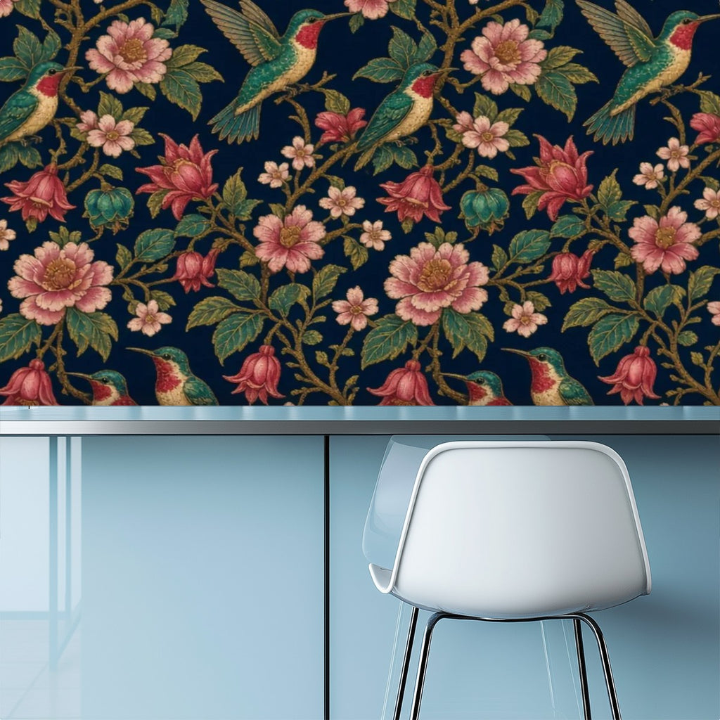 Hummingbird & Peony Peel and Stick Wallpaper – Dark Floral Maximalist & Jewel-Tone Decor