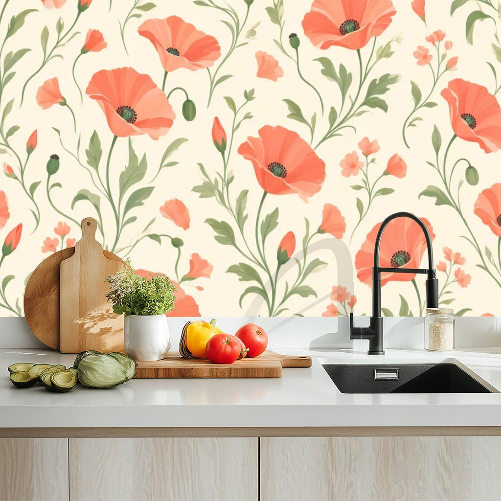 Coral Poppy Garden Peel and Stick Wallpaper