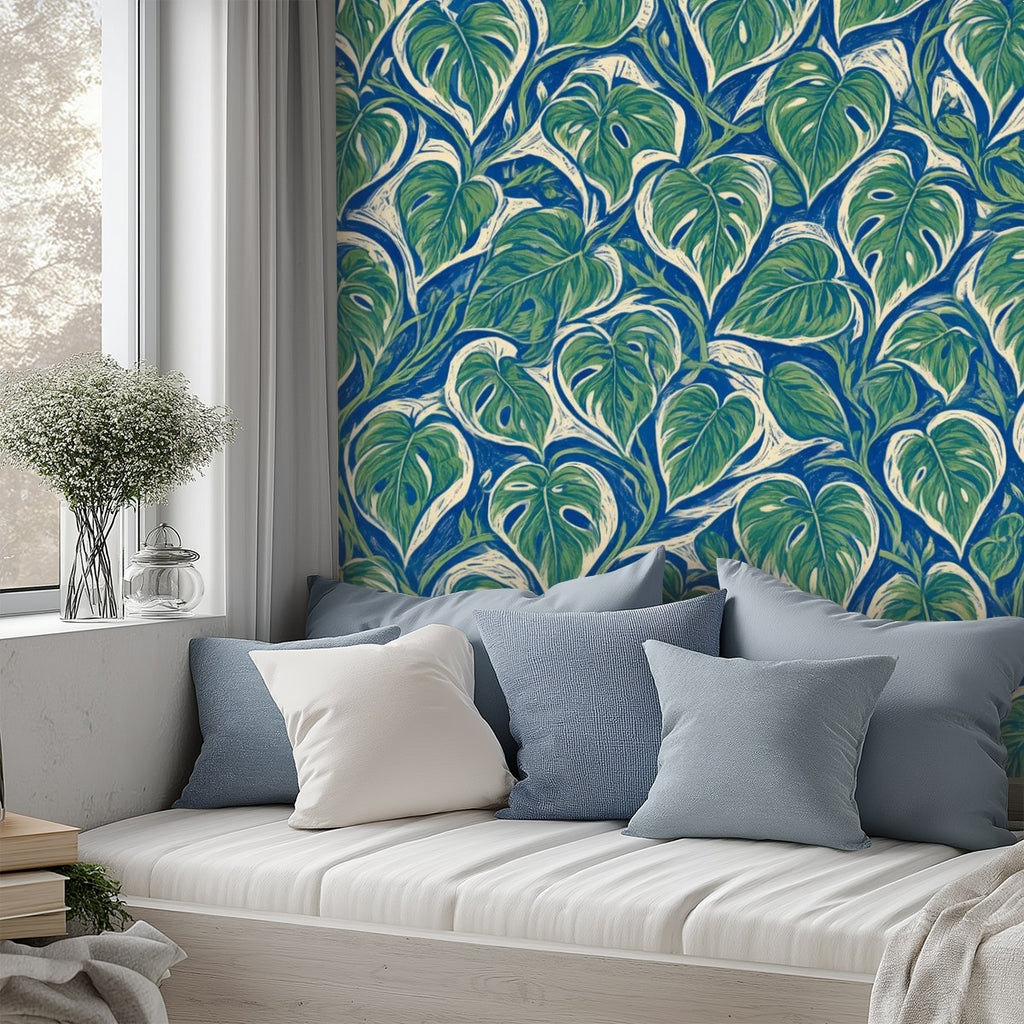 Teal Monstera Peel and Stick Wallpaper