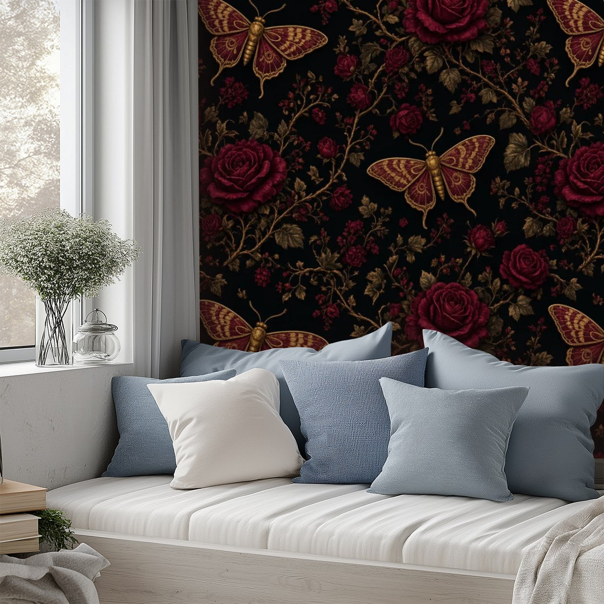 Dark Moth & Rose Peel and Stick Wallpaper – Moody Floral & Gothic Bedroom Decor