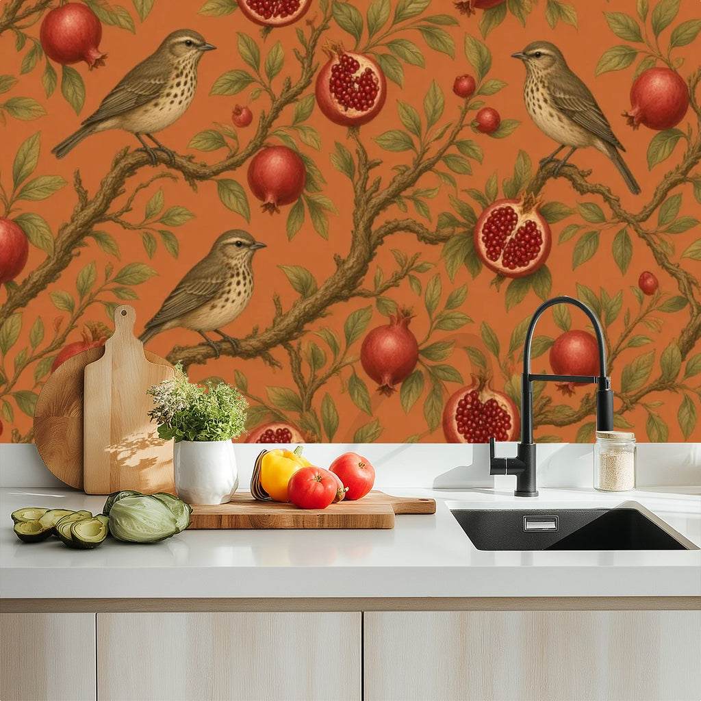 Pomegranate & Birds Peel and Stick Wallpaper – Terracotta Botanical & Heritage Decor