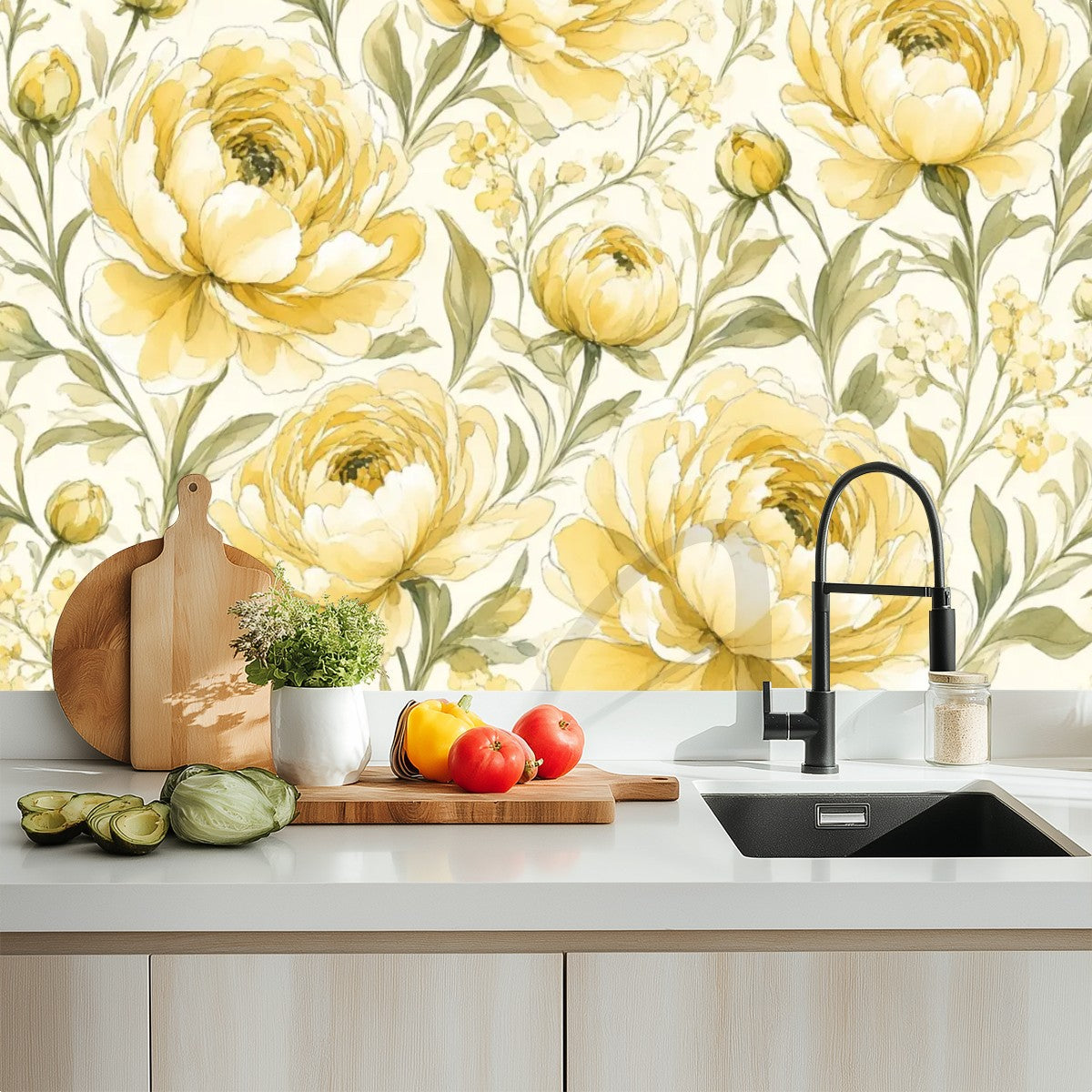 Butter Yellow Peony Garden Peel and Stick Wallpaper