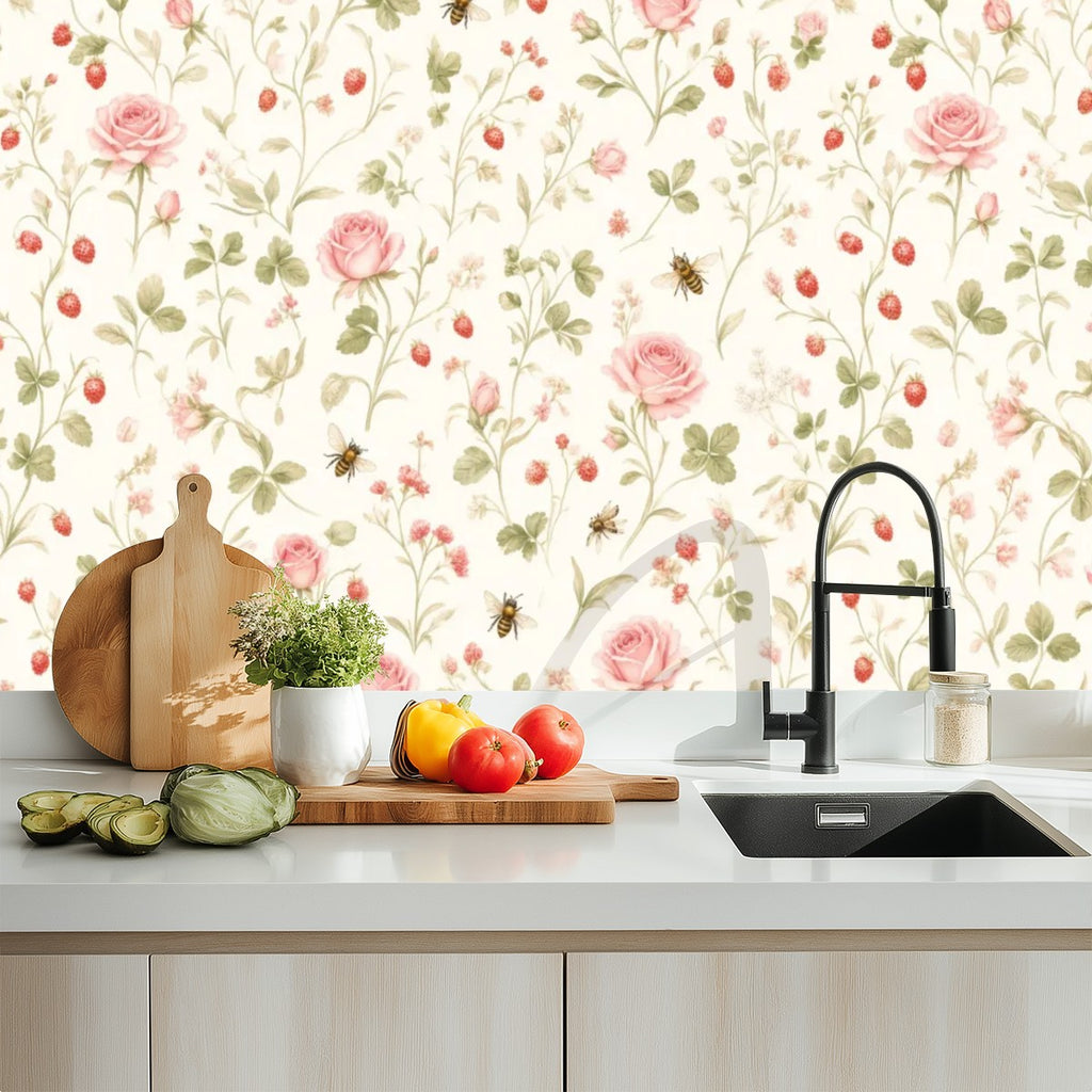 Pink Rose Garden Peel and Stick Wallpaper – Floral Nursery & Cottagecore Kids Room