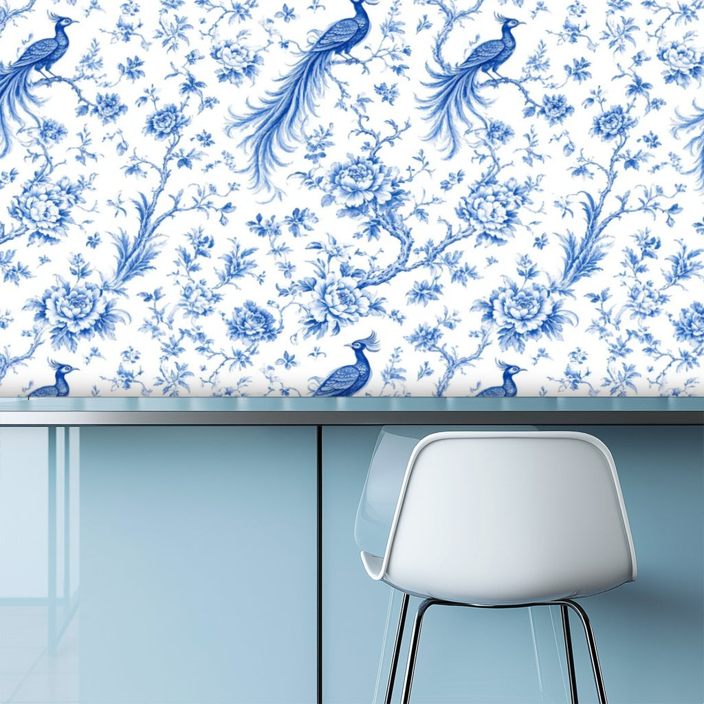 Blue Peacock Chinoiserie Peel and Stick Wallpaper – Classic Blue & White Floral Decor
