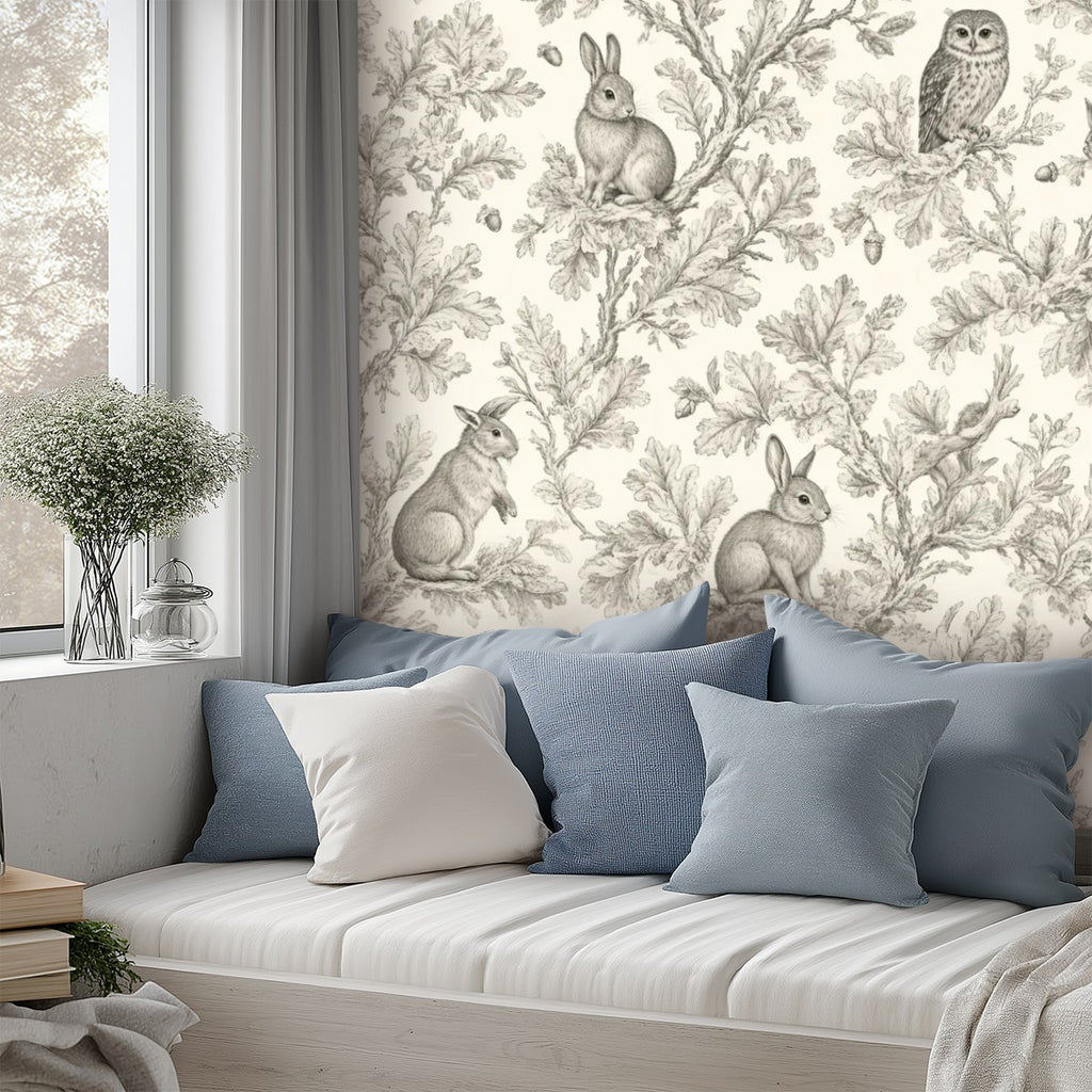 Woodland Toile Peel and Stick Wallpaper – Neutral Nursery & Nature Kids Room