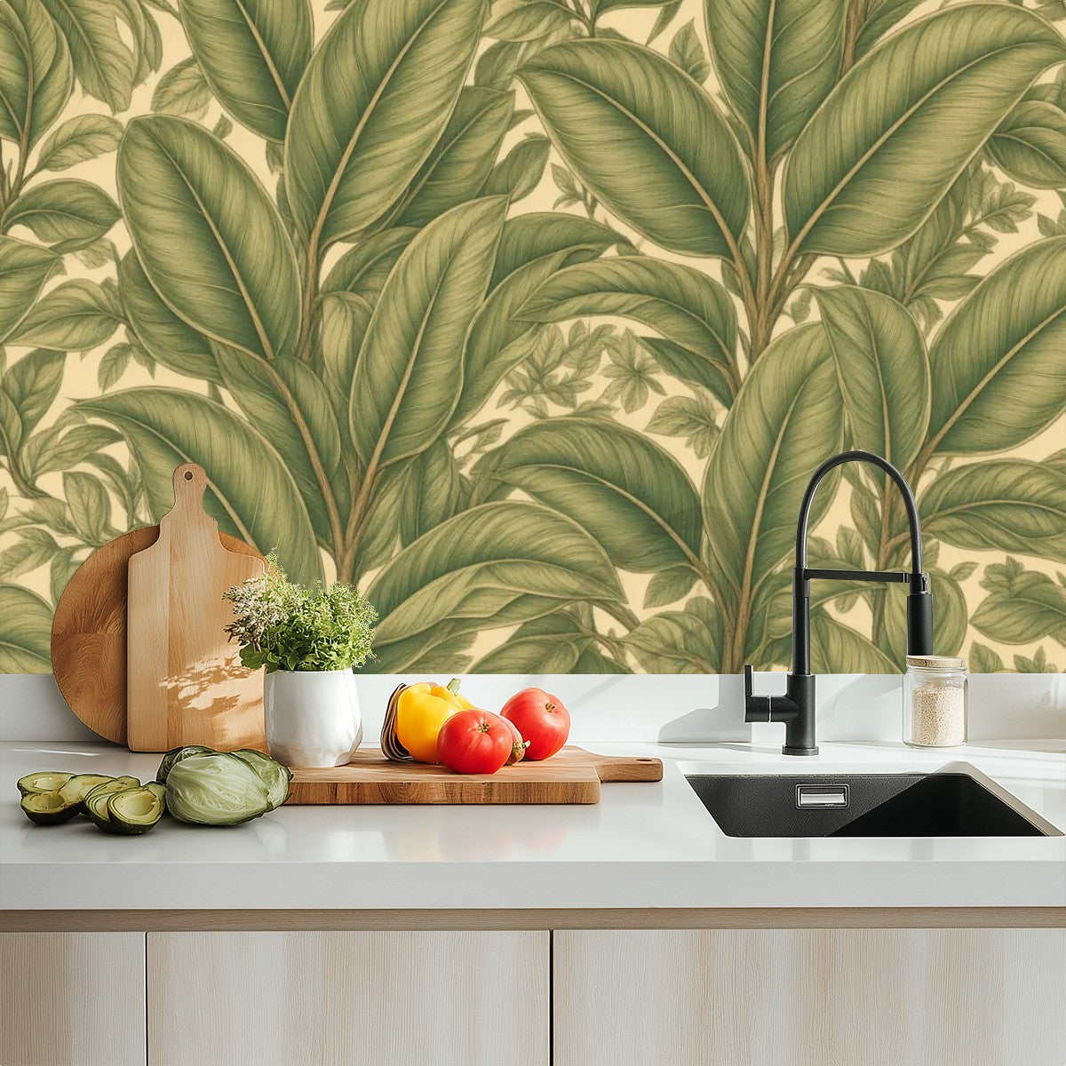 Sage Palm Leaf Peel and Stick Wallpaper