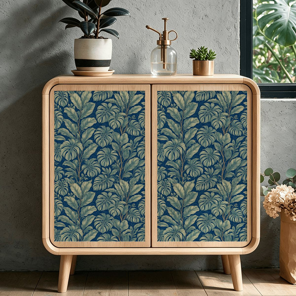 Navy Monstera Botanical Peel and Stick Wallpaper – 17.7"x118"