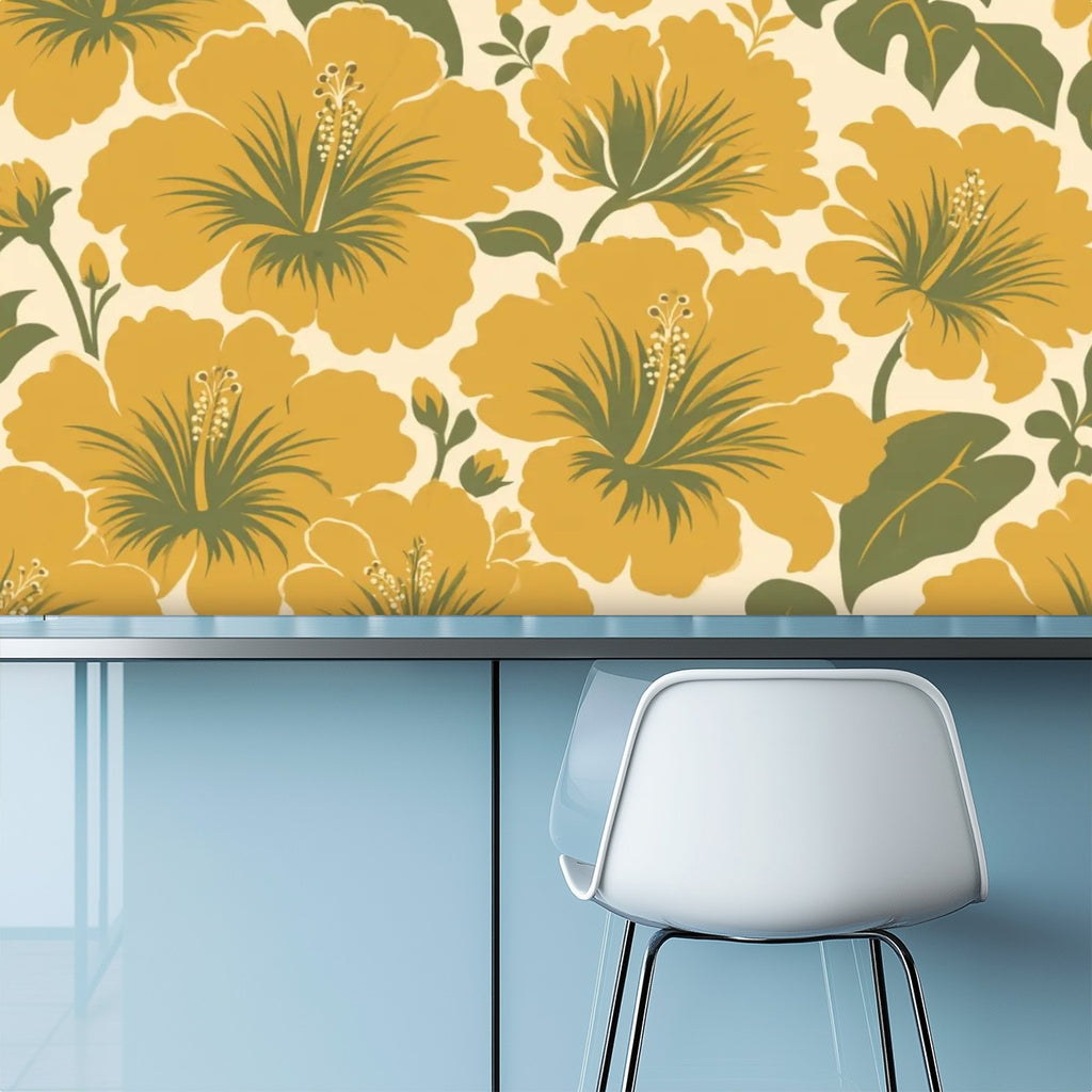 Mustard Vintage Hibiscus Peel and Stick Wallpaper