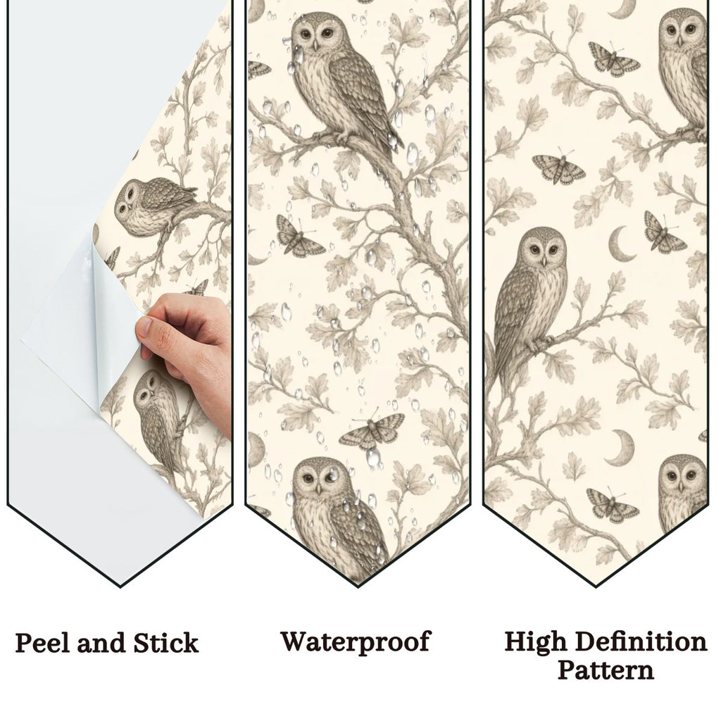 Moonlit Owl & Moths Peel and Stick Wallpaper – Whimsical Nursery & Nature Decor
