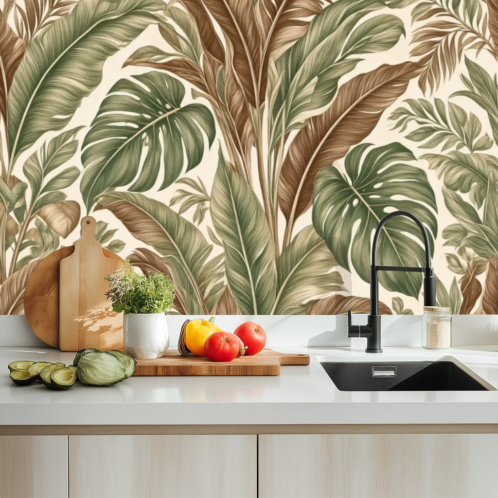 Oversized Monstera & Banana Leaf Peel and Stick Wallpaper | Sage Green & Brown Tropical Boho
