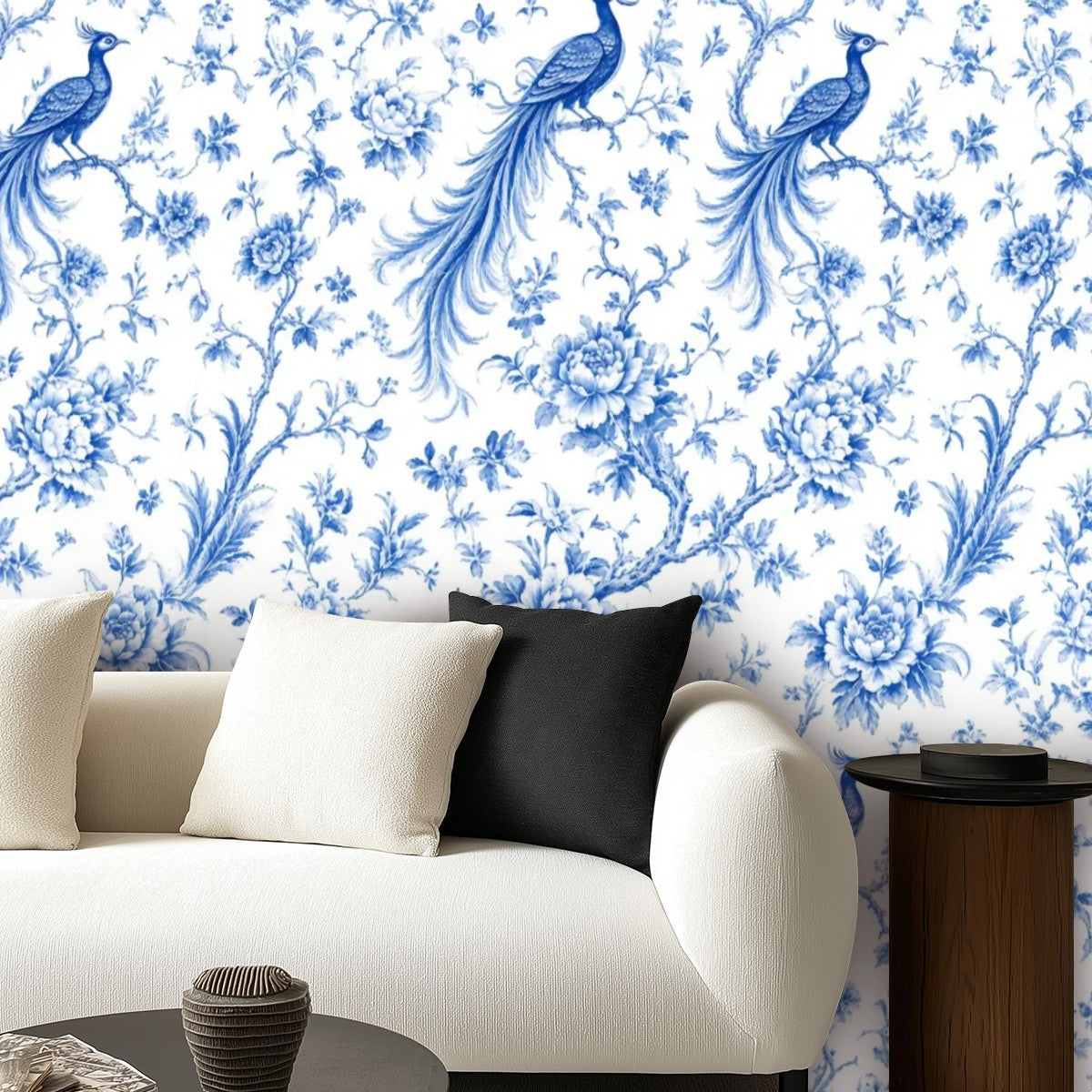 Blue Peacock Chinoiserie Peel and Stick Wallpaper – Classic Blue & White Floral Decor