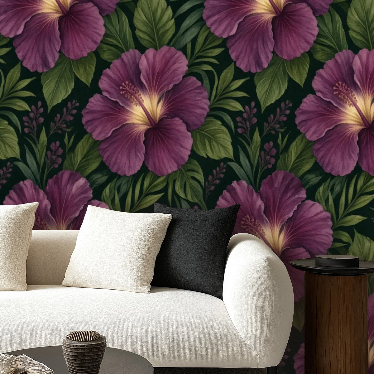 Dark Plum Hibiscus Tropical Peel and Stick Wallpaper