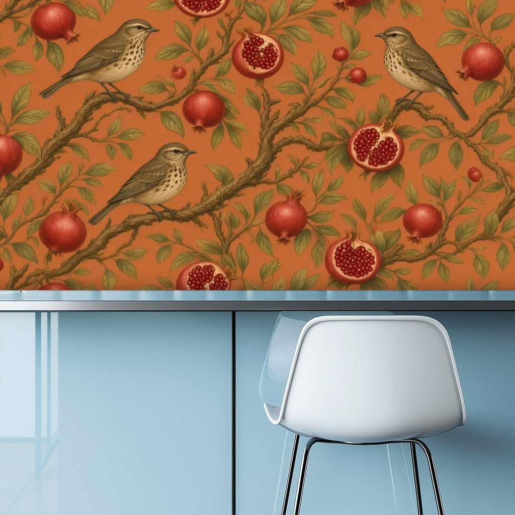 Pomegranate & Birds Peel and Stick Wallpaper – Terracotta Botanical & Heritage Decor