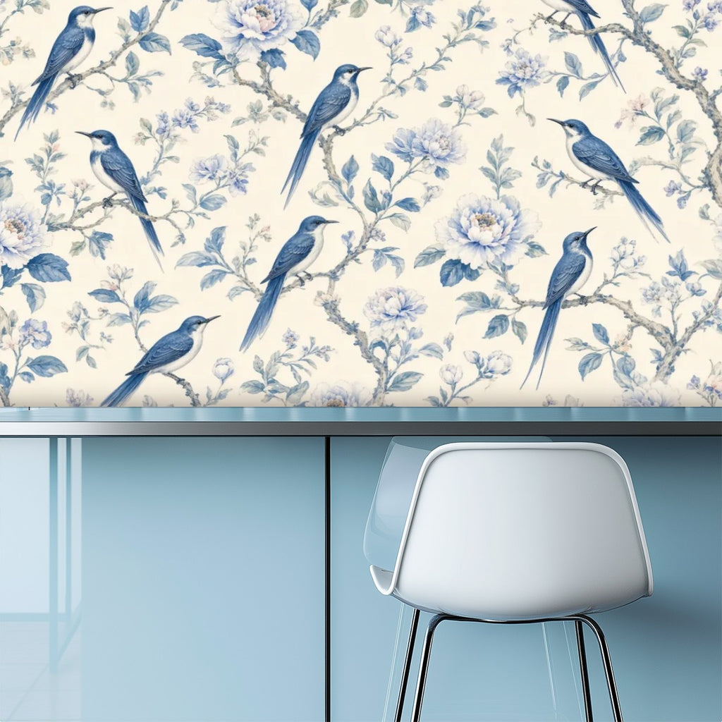 Indigo Birds & Botanical Peel and Stick Wallpaper – Moody Nature & Sophisticated Heritage Decor