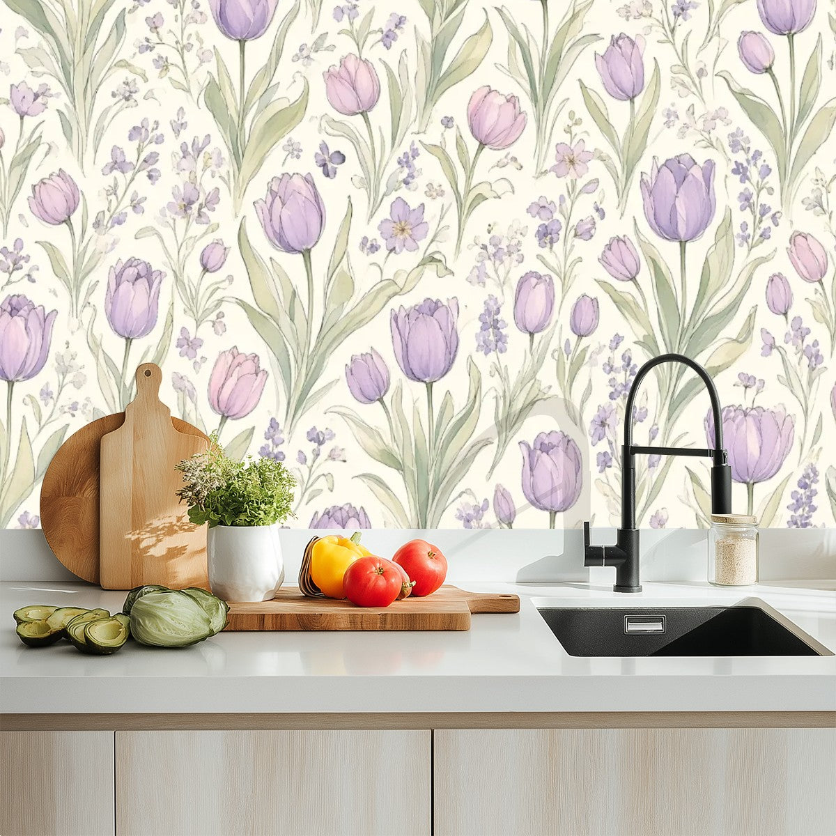 Lavender Tulip Garden Peel and Stick Wallpaper