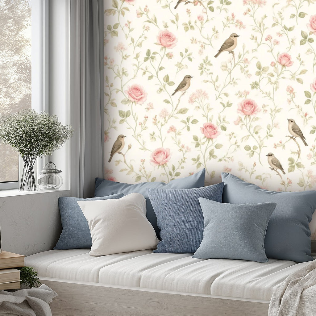 Garden Birds & Roses Peel and Stick Wallpaper – Floral Nursery & Nature Kids Room