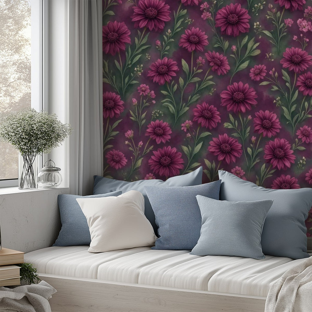Dark Burgundy Peony Peel and Stick Wallpaper