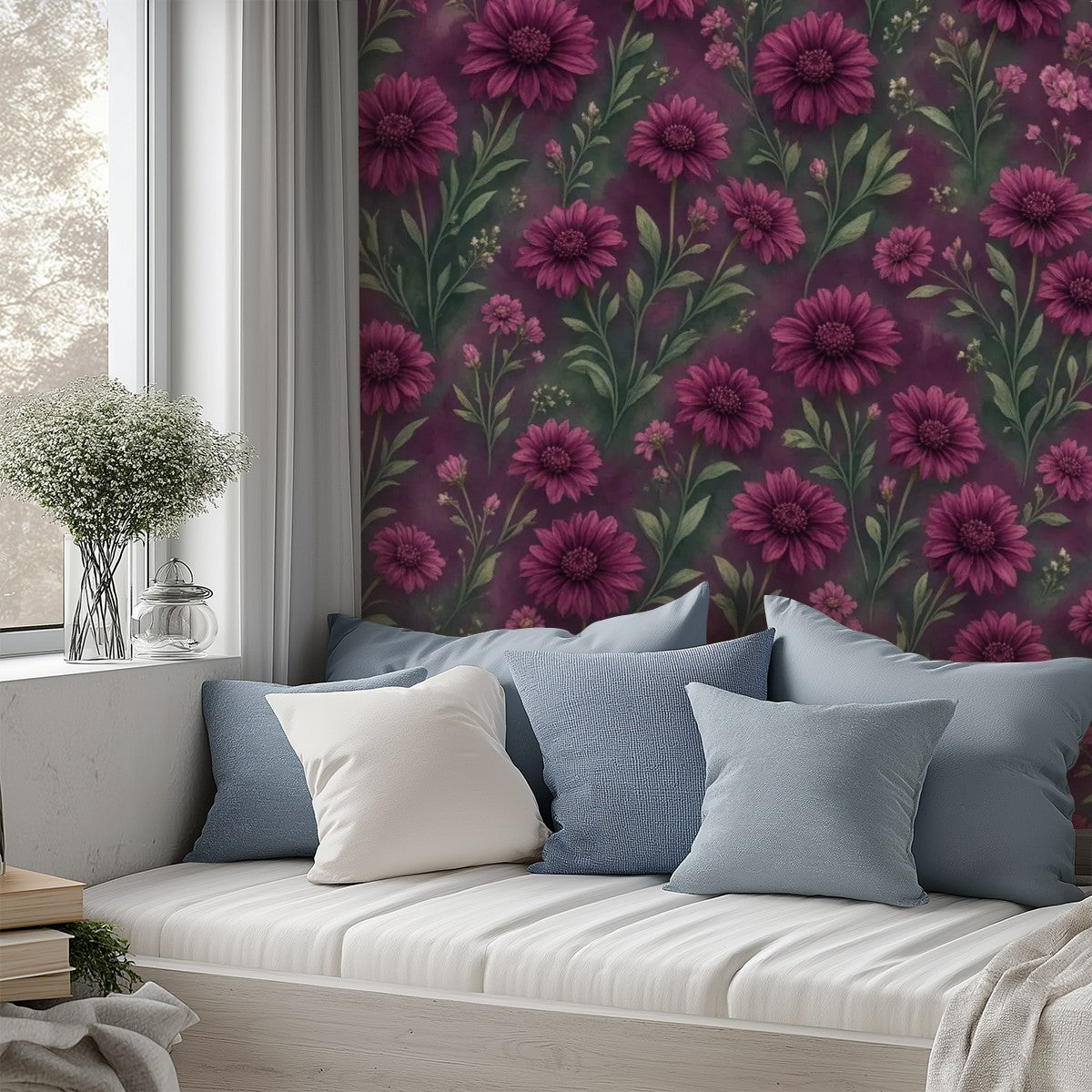 Dark Burgundy Peony Peel and Stick Wallpaper