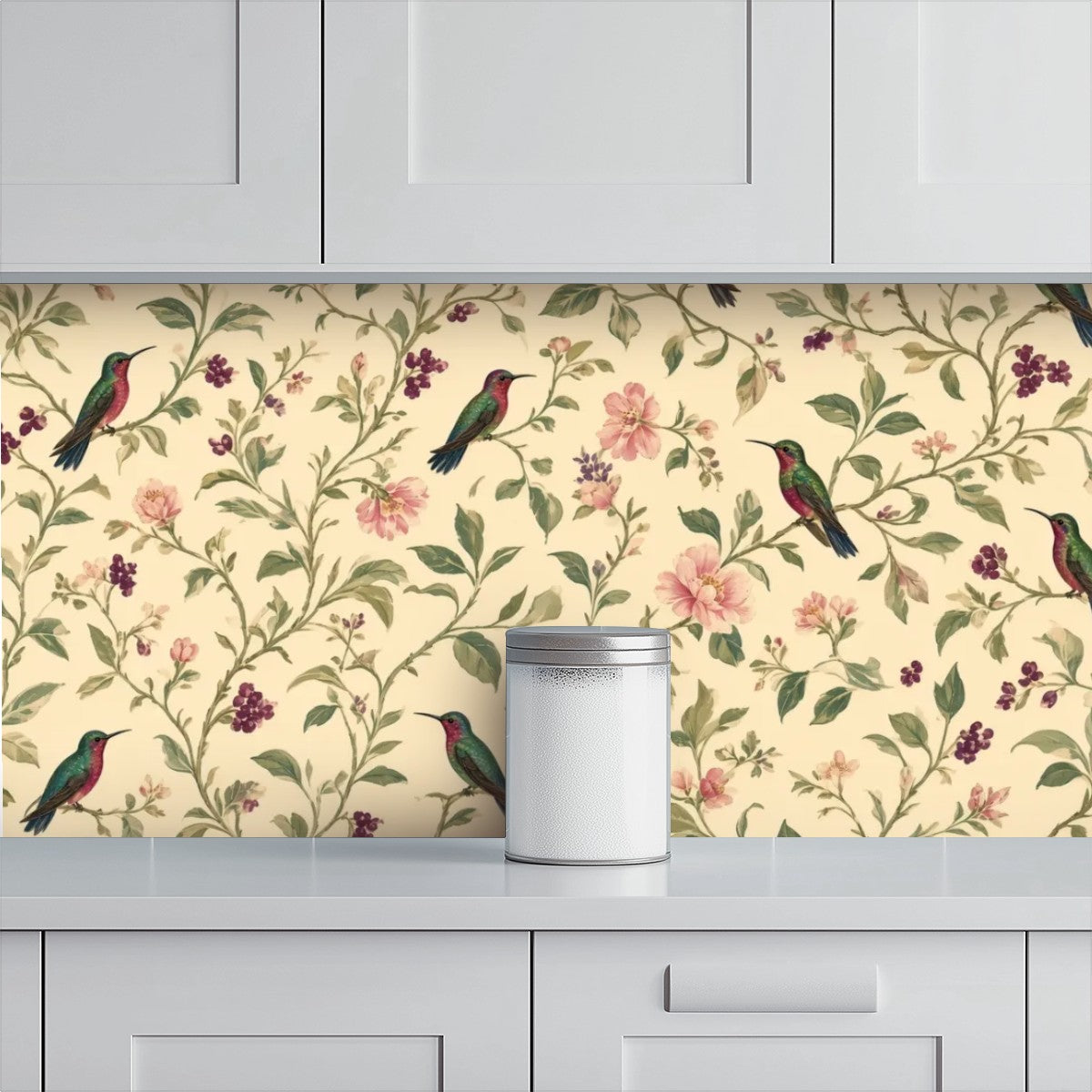 Garden Birds & Roses Peel and Stick Wallpaper – Romantic Botanical & Cottagecore Decor
