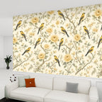 Yellow Birds & Roses Botanical Peel and Stick Wallpaper – Cheerful Nature & Classic Floral Decor