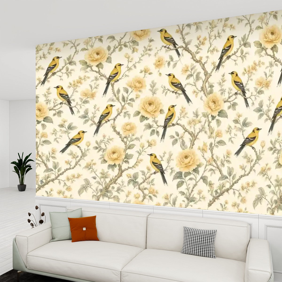Yellow Birds & Roses Botanical Peel and Stick Wallpaper – Cheerful Nature & Classic Floral Decor