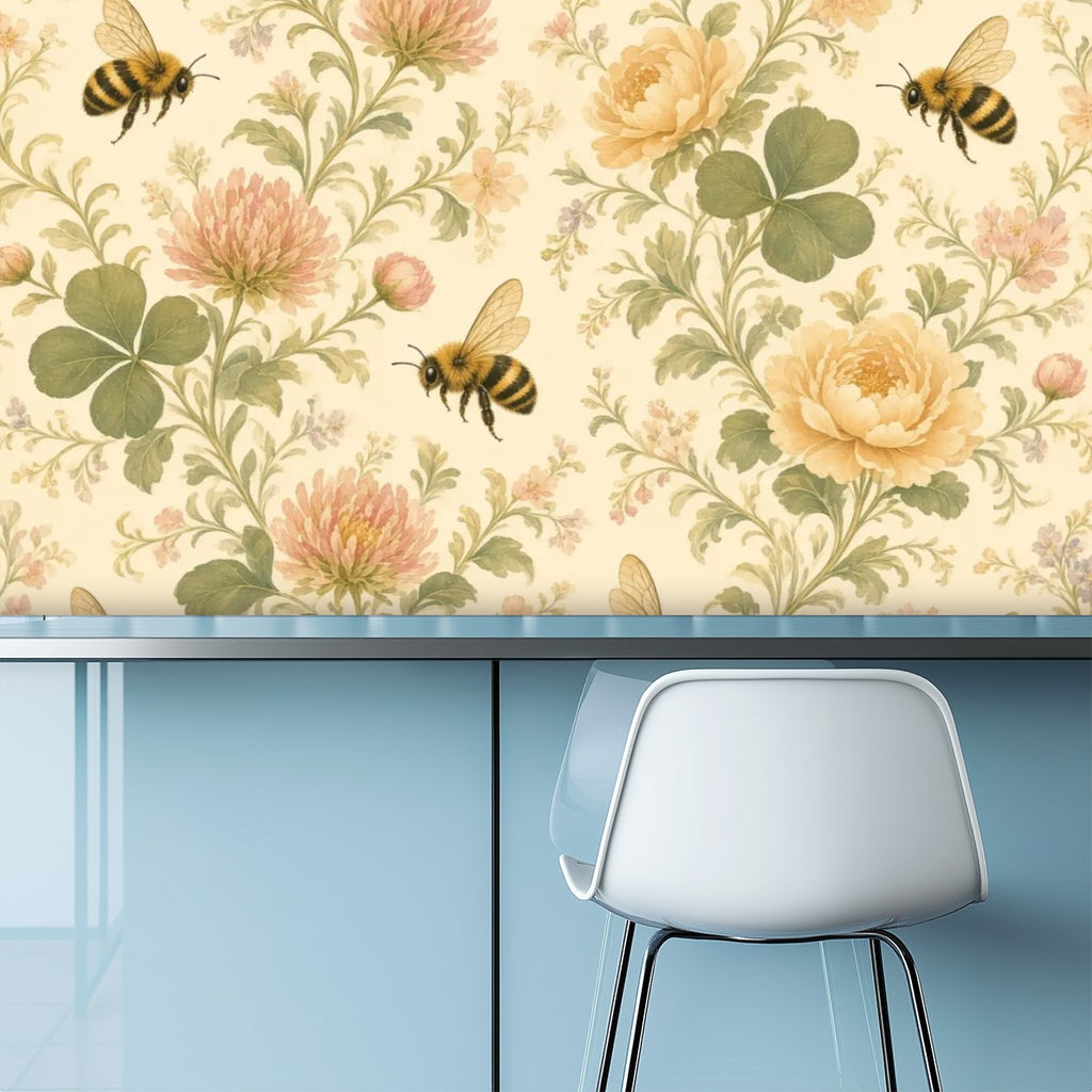 Honey Bee Botanical Peel and Stick Wallpaper – Soft Watercolour Floral & Warm Cottage Decor