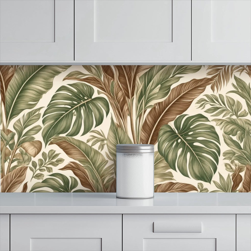 Oversized Monstera & Banana Leaf Peel and Stick Wallpaper | Sage Green & Brown Tropical Boho