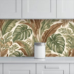 Oversized Monstera & Banana Leaf Peel and Stick Wallpaper | Sage Green & Brown Tropical Boho
