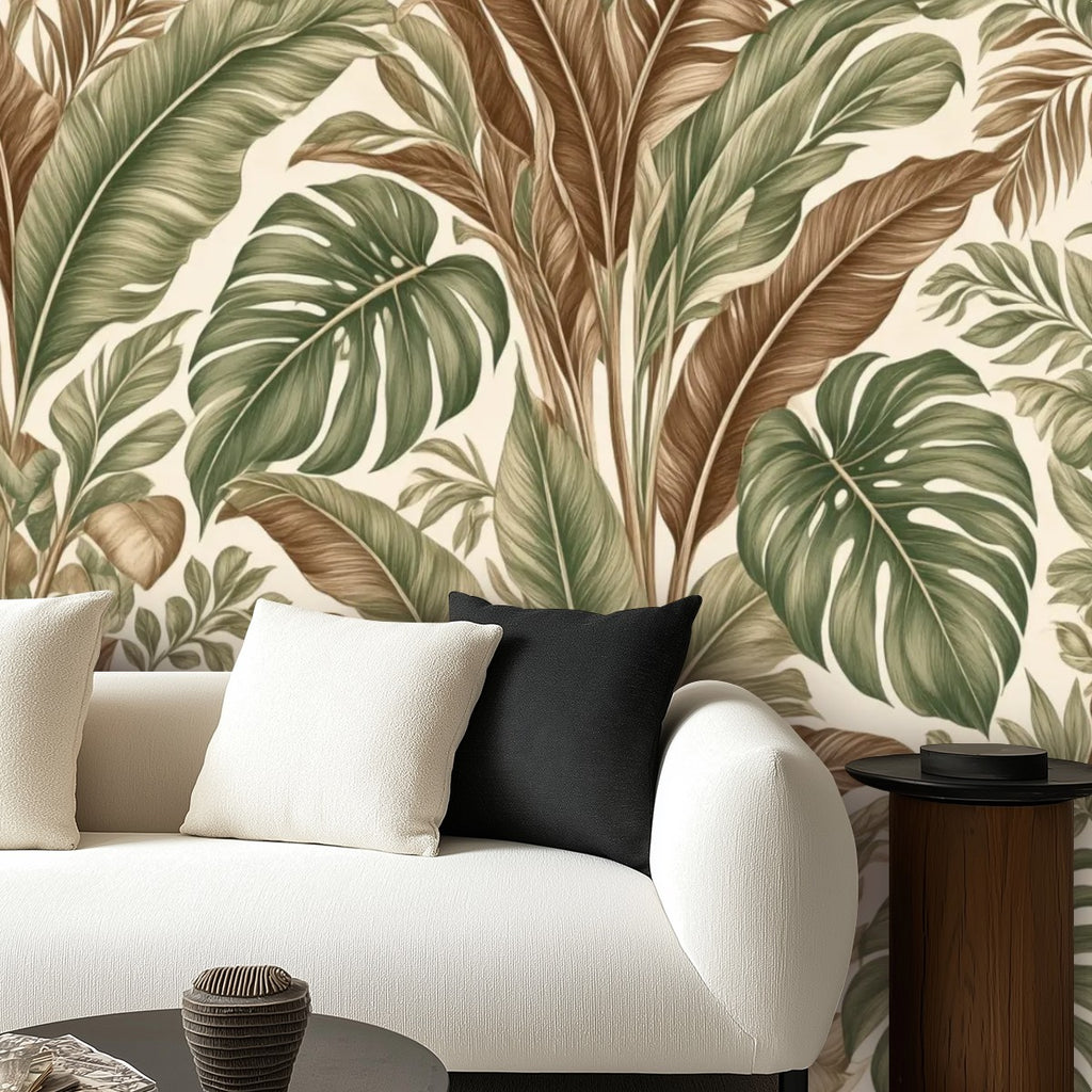 Oversized Monstera & Banana Leaf Peel and Stick Wallpaper | Sage Green & Brown Tropical Boho