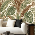 Oversized Monstera & Banana Leaf Peel and Stick Wallpaper | Sage Green & Brown Tropical Boho