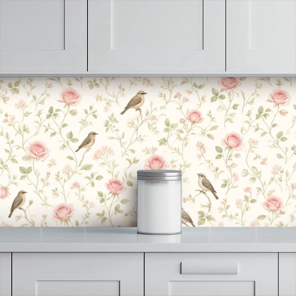 Garden Birds & Roses Peel and Stick Wallpaper – Floral Nursery & Nature Kids Room