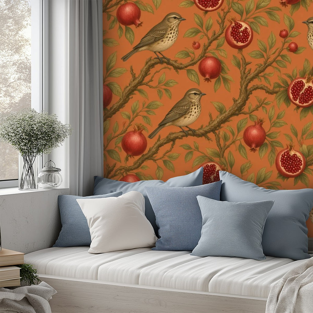 Pomegranate & Birds Peel and Stick Wallpaper – Terracotta Botanical & Heritage Decor