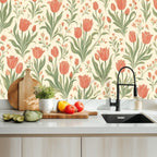 Coral Tulip Garden Peel and Stick Wallpaper