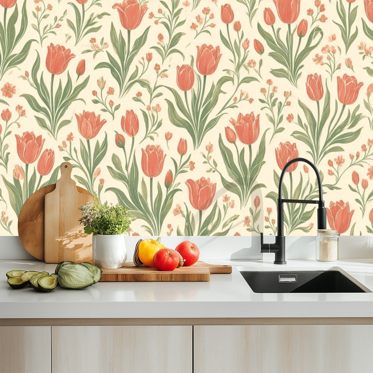 Coral Tulip Garden Peel and Stick Wallpaper