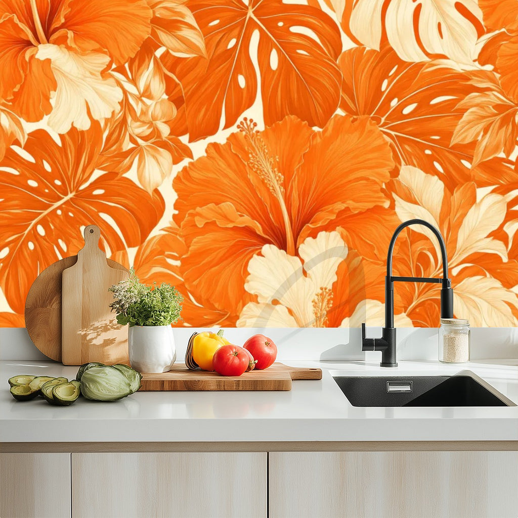 Orange Hibiscus Tropical Peel and Stick Wallpaper