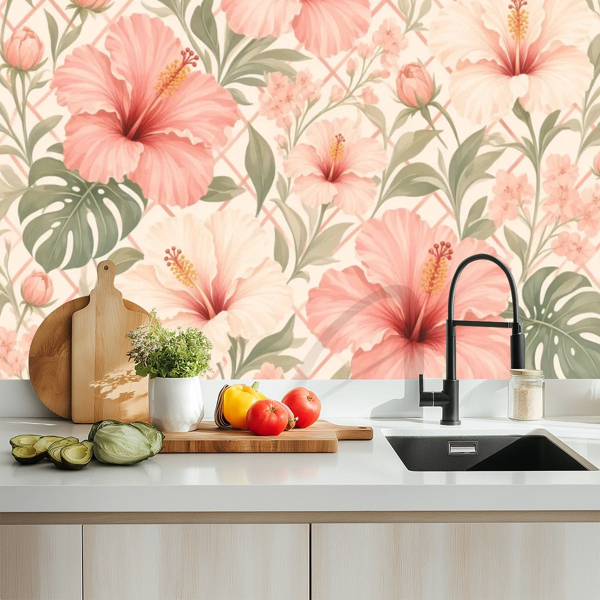 Peach Hibiscus and Monstera Peel and Stick Wallpaper