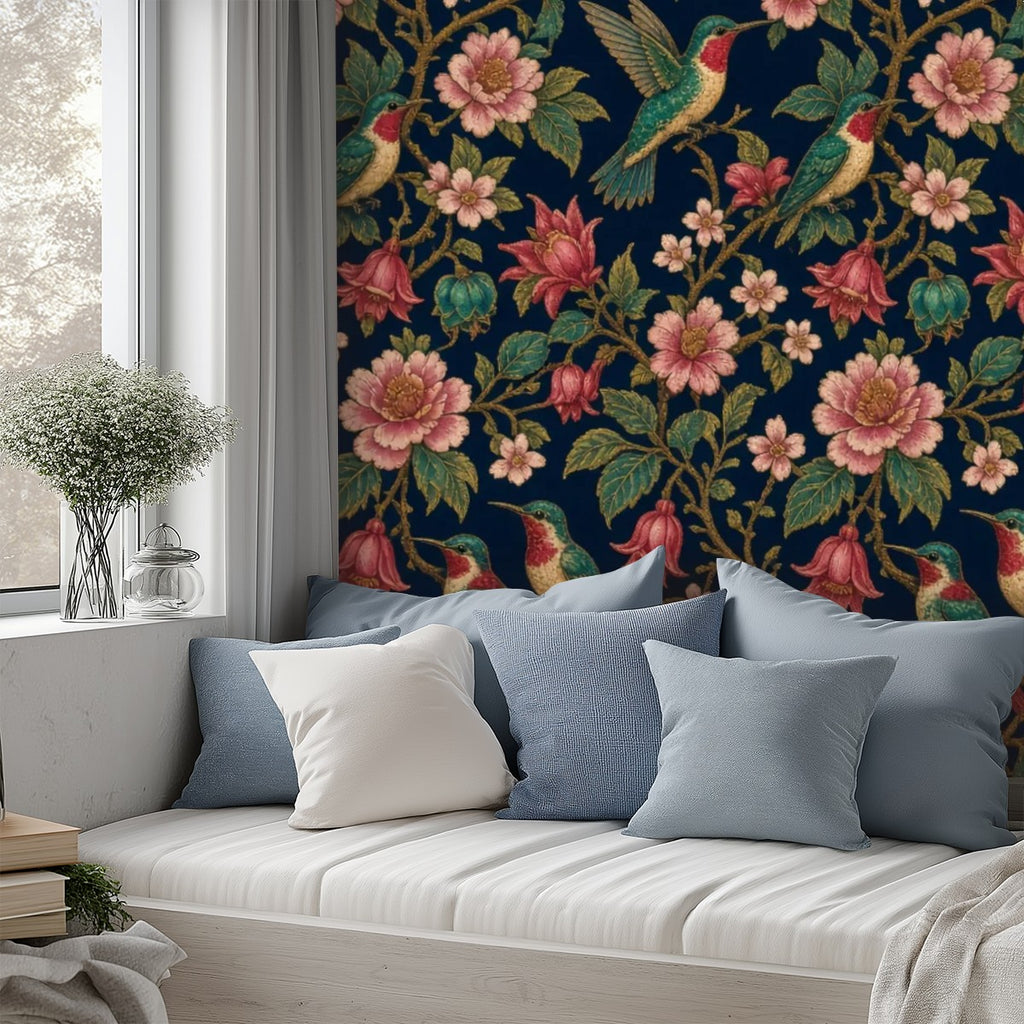 Hummingbird & Peony Peel and Stick Wallpaper – Dark Floral Maximalist & Jewel-Tone Decor