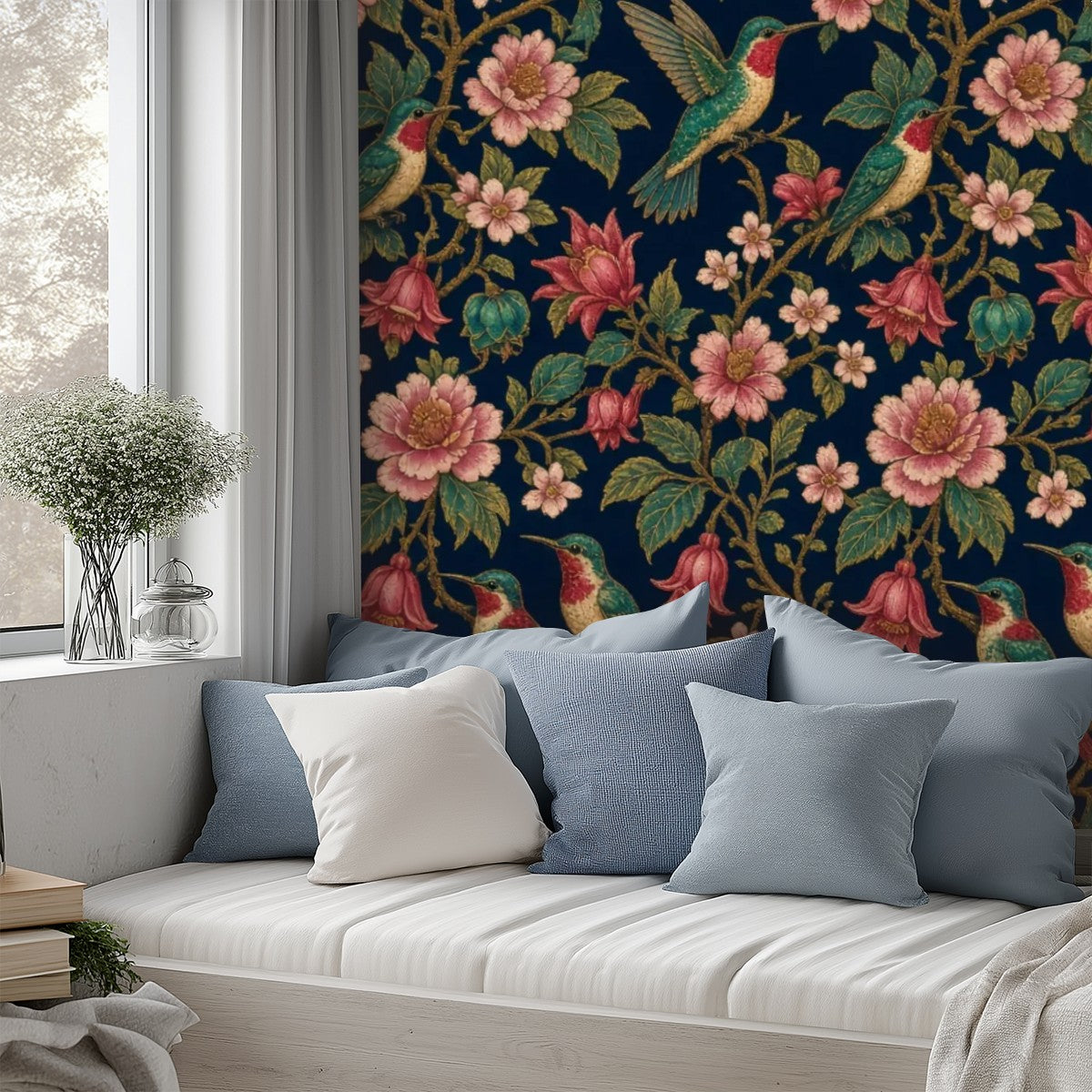 Hummingbird & Peony Peel and Stick Wallpaper – Dark Floral Maximalist & Jewel-Tone Decor