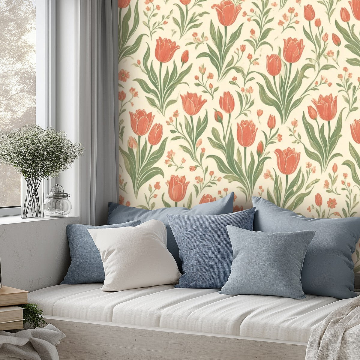 Coral Tulip Garden Peel and Stick Wallpaper