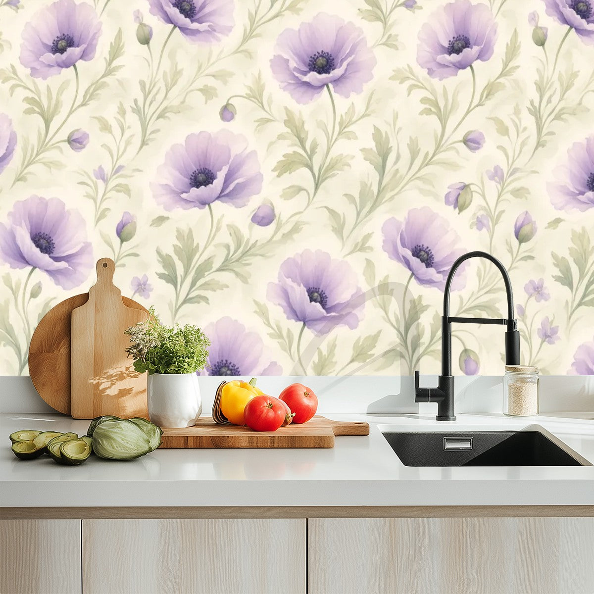 Lavender Poppy Watercolour Peel and Stick Wallpaper